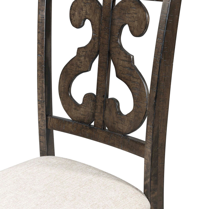 Stone 6PC Dining Set in Charcoal - Table, 4 Wooden Swril Back Side Chairs, & Pew Bench