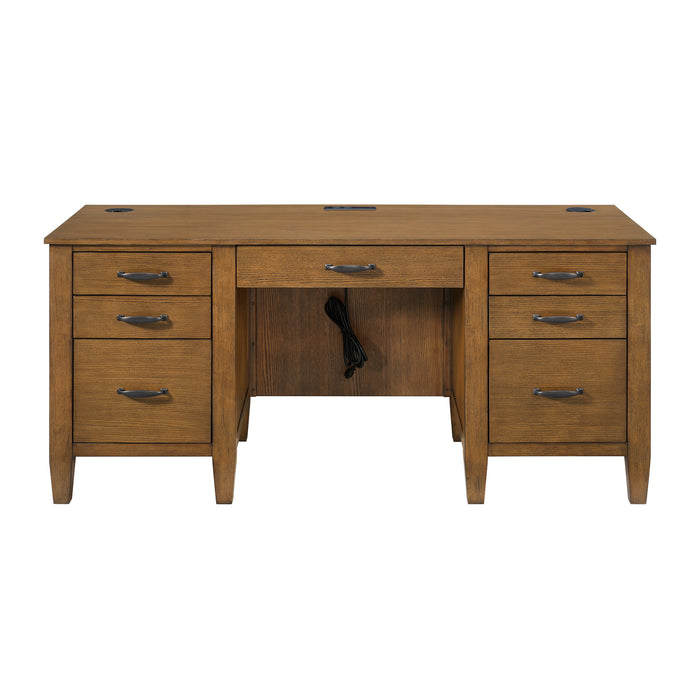 Portico Double Pedestal Desk with Power/USB in Brown Oak