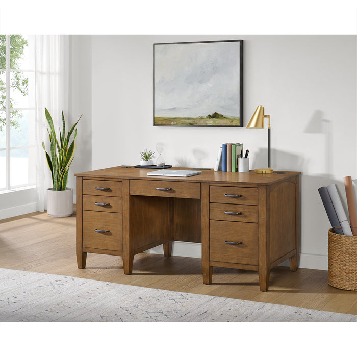Portico Double Pedestal Desk with Power/USB in Brown Oak