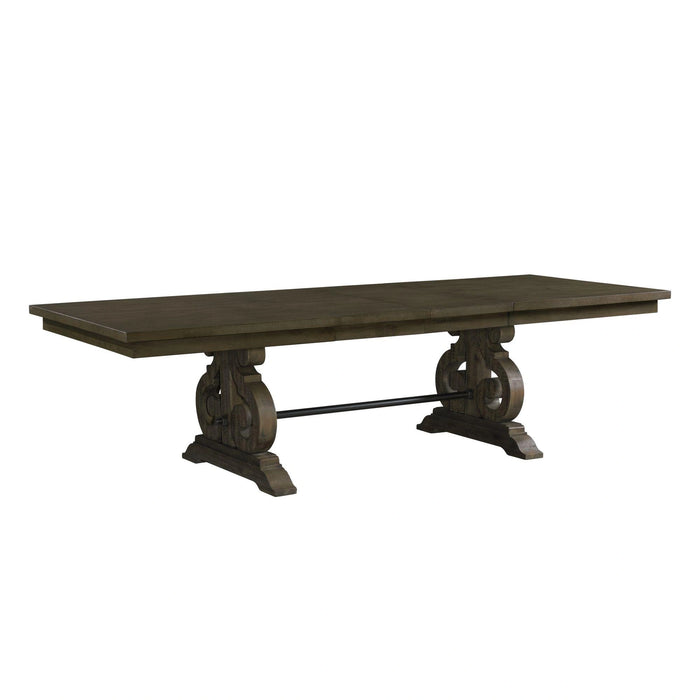 Stone 6PC Dining Set in Charcoal - Table, 4 Wooden Swril Back Side Chairs, & Pew Bench