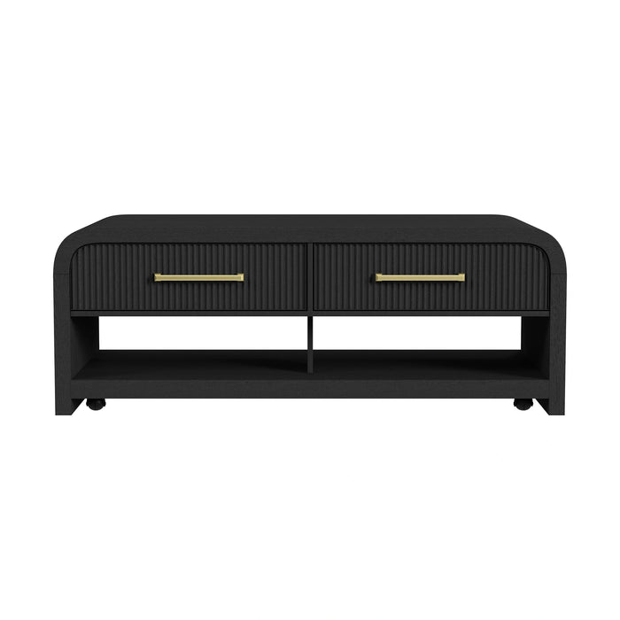 Ridgemont Coffee Table with Casters/Push Through Drawer in Black with Grain