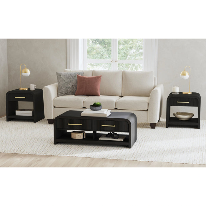 Ridgemont Coffee Table with Casters/Push Through Drawer in Black with Grain