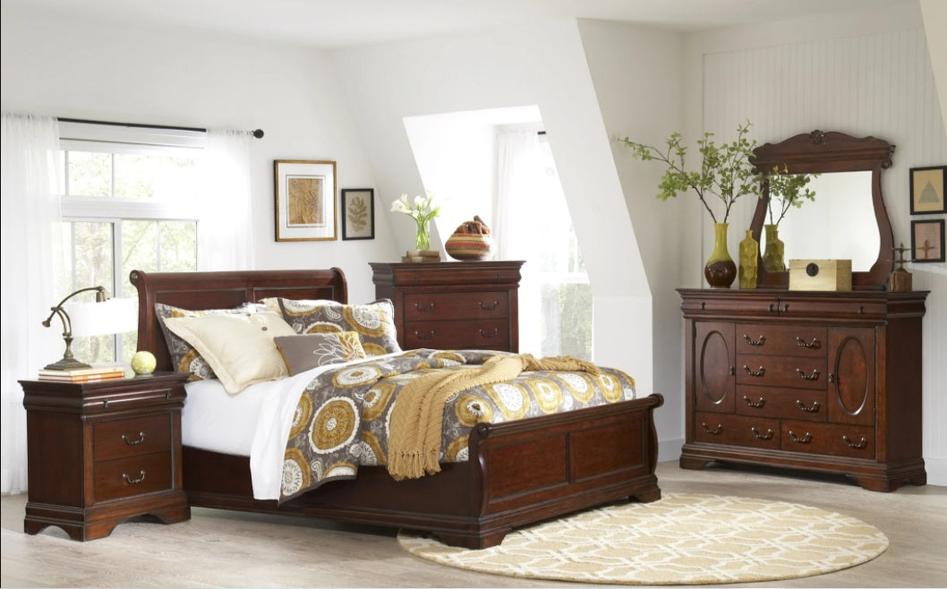 Elements International Chateau Queen Low Profile Bed in Cherry