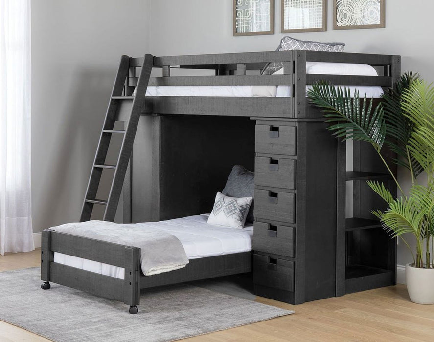 Elements International Vista Twin over Twin Super Loft Bed with Desk and Bookcase in Grey
