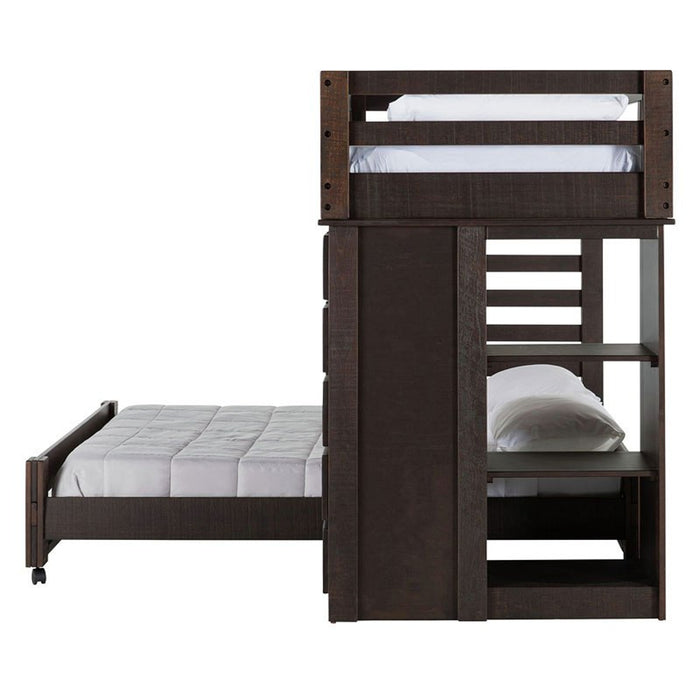 Elements International Vista Twin over Full Basic Loft Bed with Bookcase in Brown