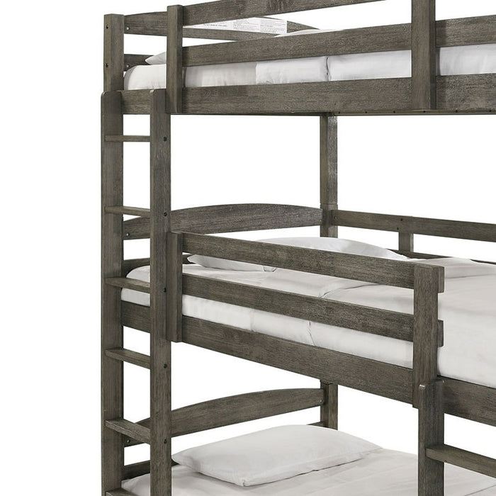 Elements International Trey Twin Over Twin Over Twin Bunk Bed in Wire Brushed Grey